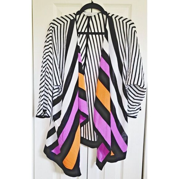 Exclusively MISOOK M Colorblock Striped Cardigan Sweater 1/2‎ Sleeve Knit Drape - Picture 1 of 6